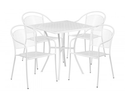 BLNK Oia Commercial Steel Indoor-Outdoor Patio Table Set with 4 Round Back Chairs - White, 28"W