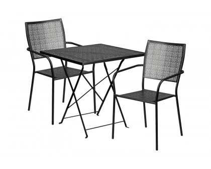 BLNK Oia Commercial Square Steel Indoor-Outdoor Folding Patio Table Set with 2 Square Back Chairs - Black, 28"W