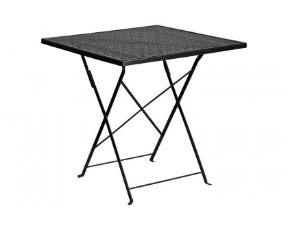 BLNK Oia Commercial Square Steel Indoor-Outdoor Folding Patio Table Set with 2 Square Back Chairs - Black, 28"W