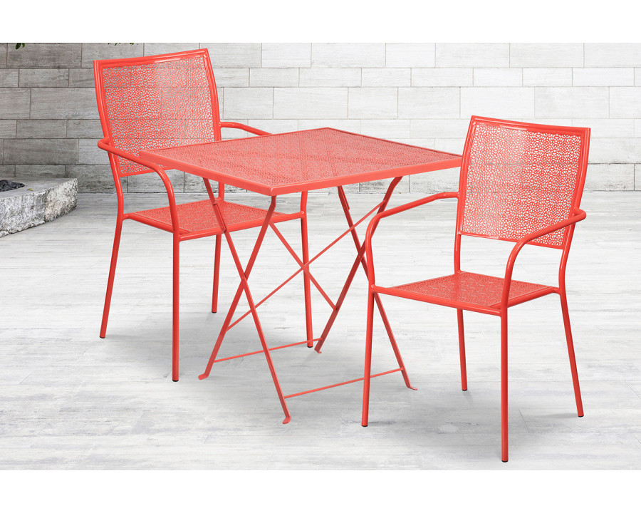 BLNK Oia Commercial Square Steel Indoor-Outdoor Folding Patio Table Set with 2 Square Back Chairs - Coral, 28"W