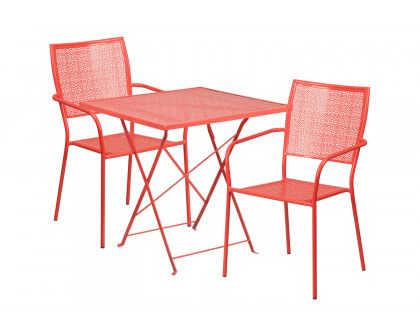 BLNK Oia Commercial Square Steel Indoor-Outdoor Folding Patio Table Set with 2 Square Back Chairs - Coral, 28"W