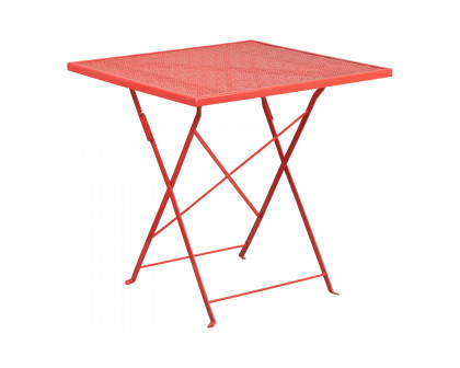 BLNK Oia Commercial Square Steel Indoor-Outdoor Folding Patio Table Set with 2 Square Back Chairs - Coral, 28"W