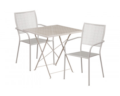 BLNK Oia Commercial Square Steel Indoor-Outdoor Folding Patio Table Set with 2 Square Back Chairs - Light Gray, 28"W