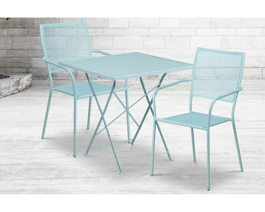 BLNK Oia Commercial Square Steel Indoor-Outdoor Folding Patio Table Set with 2 Square Back Chairs - Sky Blue, 28"W