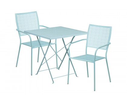 BLNK Oia Commercial Square Steel Indoor-Outdoor Folding Patio Table Set with 2 Square Back Chairs - Sky Blue, 28"W