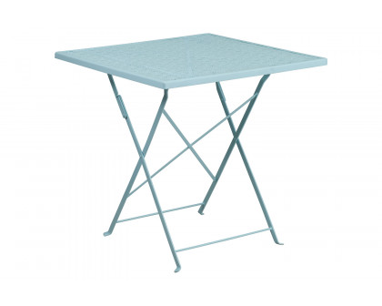 BLNK Oia Commercial Square Steel Indoor-Outdoor Folding Patio Table Set with 2 Square Back Chairs - Sky Blue, 28"W