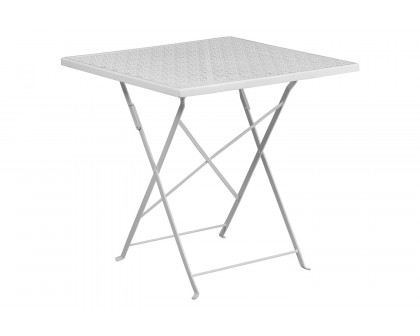 BLNK Oia Commercial Square Steel Indoor-Outdoor Folding Patio Table Set with 2 Square Back Chairs - White, 28"W