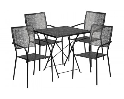 BLNK Oia Commercial Square Steel Indoor-Outdoor Folding Patio Table Set with 4 Square Back Chairs - Black, 28"W