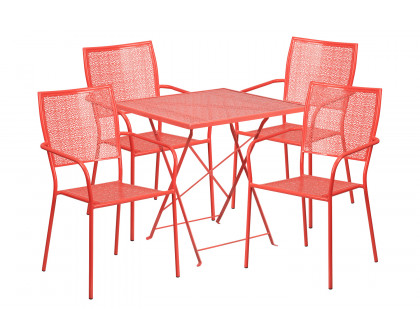 BLNK Oia Commercial Square Steel Indoor-Outdoor Folding Patio Table Set with 4 Square Back Chairs - Coral, 28"W