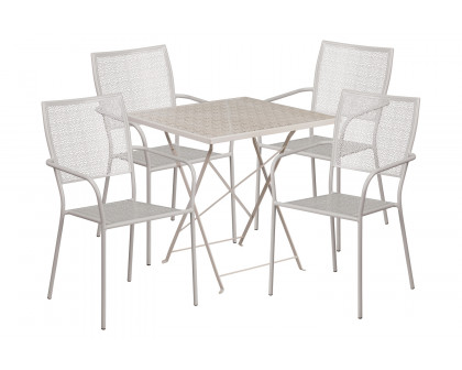 BLNK Oia Commercial Square Steel Indoor-Outdoor Folding Patio Table Set with 4 Square Back Chairs - Light Gray, 28"W