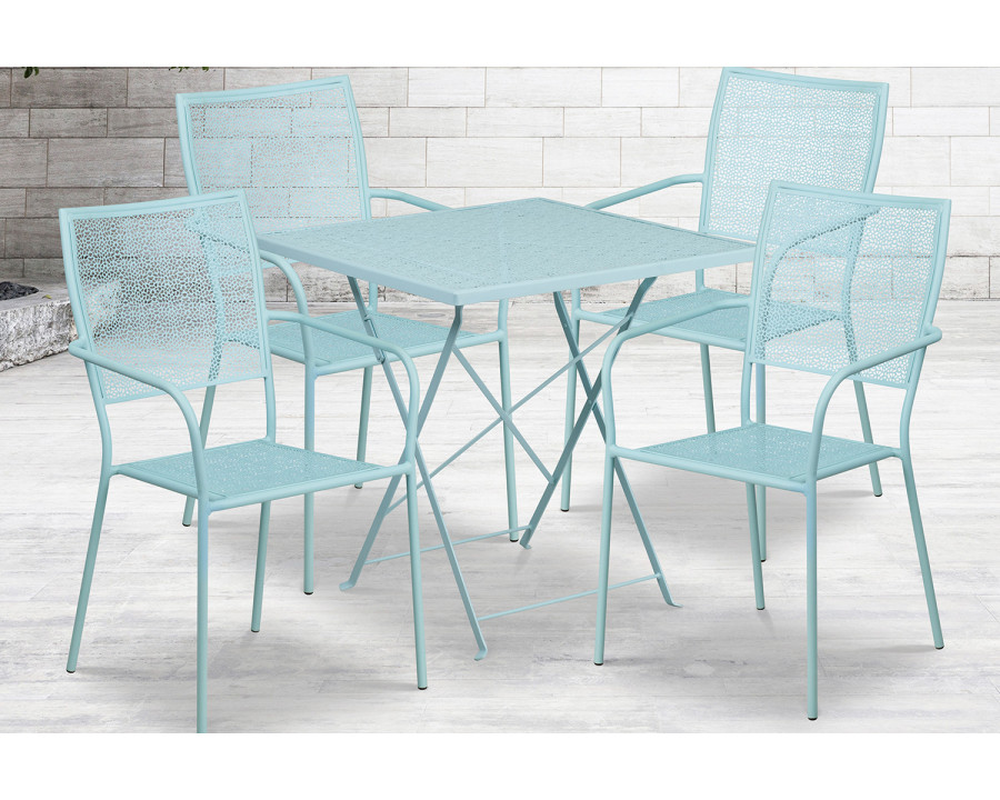 BLNK Oia Commercial Square Steel Indoor-Outdoor Folding Patio Table Set with 4 Square Back Chairs - Sky Blue, 28"W