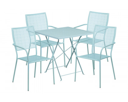 BLNK Oia Commercial Square Steel Indoor-Outdoor Folding Patio Table Set with 4 Square Back Chairs - Sky Blue, 28"W