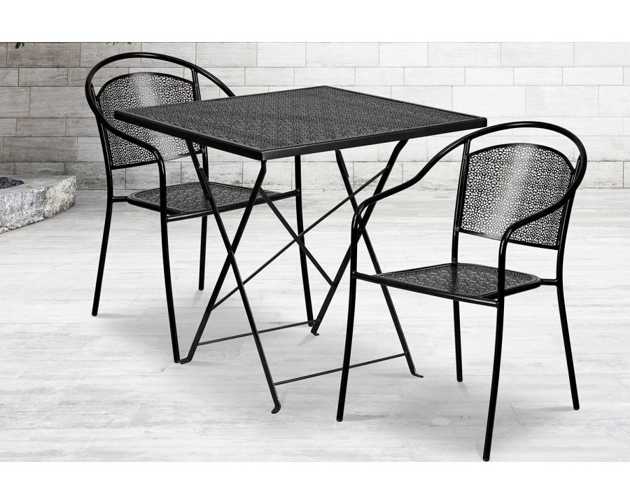 BLNK Oia Commercial Square Steel Indoor-Outdoor Folding Patio Table Set with 2 Round Back Chairs