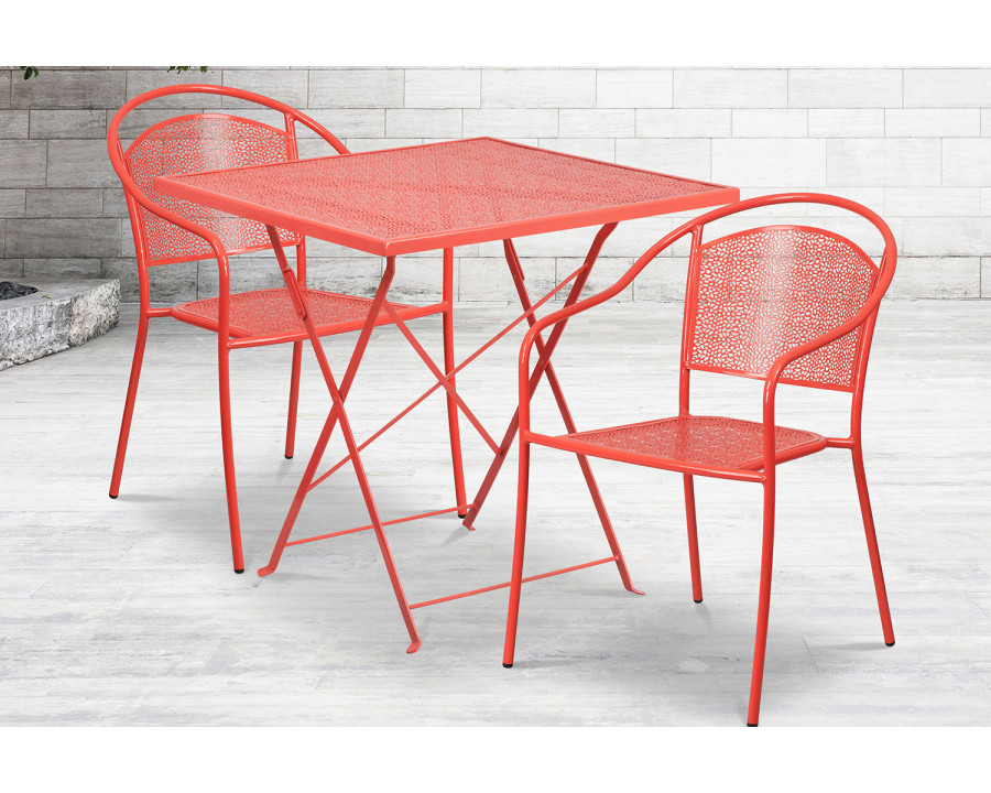 BLNK Oia Commercial Square Steel Indoor-Outdoor Folding Patio Table Set with 2 Round Back Chairs - Coral, 28"W