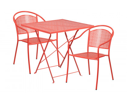 BLNK Oia Commercial Square Steel Indoor-Outdoor Folding Patio Table Set with 2 Round Back Chairs - Coral, 28"W