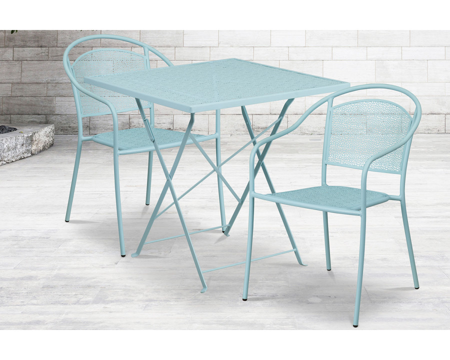 BLNK Oia Commercial Square Steel Indoor-Outdoor Folding Patio Table Set with 2 Round Back Chairs - Sky Blue, 28"W