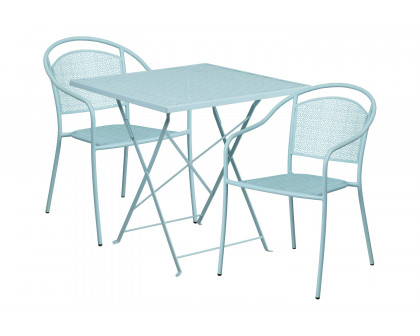 BLNK Oia Commercial Square Steel Indoor-Outdoor Folding Patio Table Set with 2 Round Back Chairs - Sky Blue, 28"W