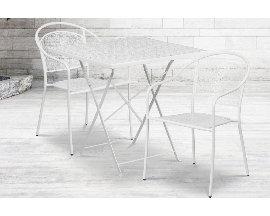 BLNK Oia Commercial Square Steel Indoor-Outdoor Folding Patio Table Set with 2 Round Back Chairs - White, 28"W