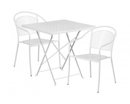 BLNK Oia Commercial Square Steel Indoor-Outdoor Folding Patio Table Set with 2 Round Back Chairs - White, 28"W