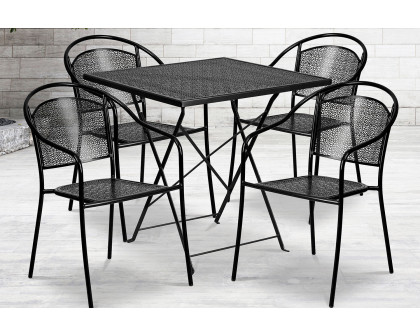 BLNK Oia Commercial Square Steel Indoor-Outdoor Folding Patio Table Set with 4 Round Back Chairs