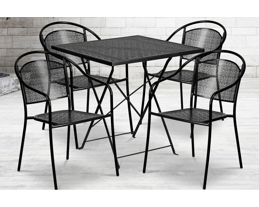 BLNK Oia Commercial Square Steel Indoor-Outdoor Folding Patio Table Set with 4 Round Back Chairs - Black, 28"W