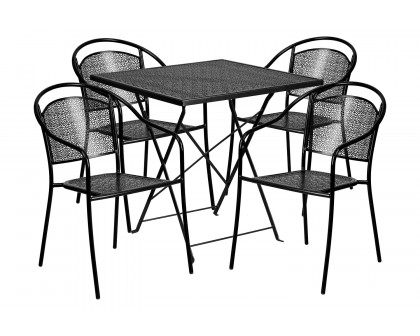 BLNK Oia Commercial Square Steel Indoor-Outdoor Folding Patio Table Set with 4 Round Back Chairs - Black, 28"W