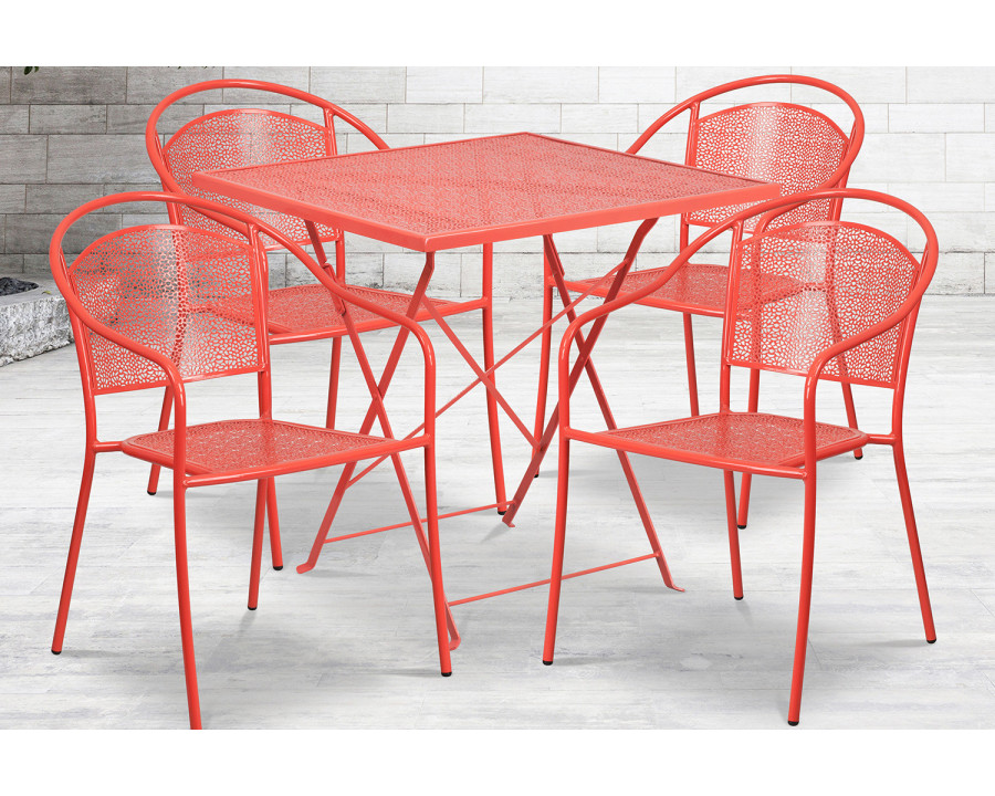 BLNK Oia Commercial Square Steel Indoor-Outdoor Folding Patio Table Set with 4 Round Back Chairs - Coral, 28"W