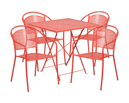 BLNK Oia Commercial Square Steel Indoor-Outdoor Folding Patio Table Set with 4 Round Back Chairs - Coral, 28"W