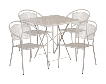 BLNK Oia Commercial Square Steel Indoor-Outdoor Folding Patio Table Set with 4 Round Back Chairs - Light Gray, 28"W