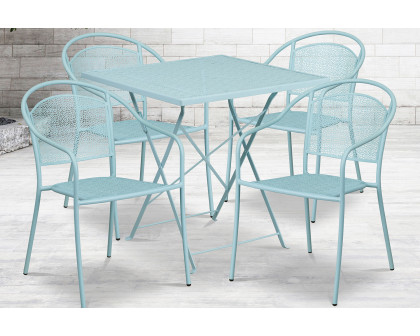 BLNK Oia Commercial Square Steel Indoor-Outdoor Folding Patio Table Set with 4 Round Back Chairs