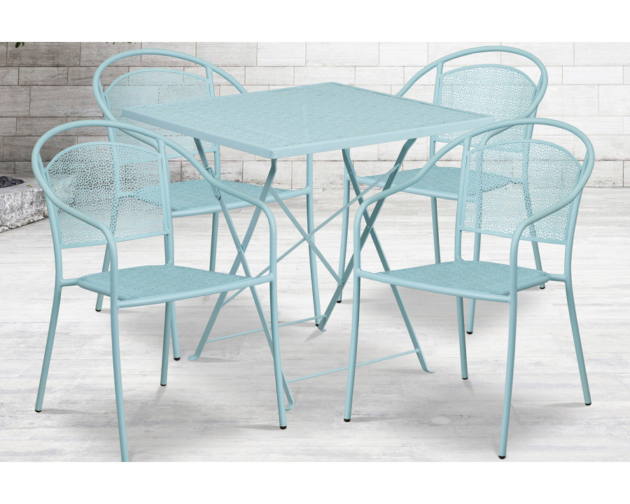 BLNK Oia Commercial Square Steel Indoor-Outdoor Folding Patio Table Set with 4 Round Back Chairs - Sky Blue, 28"W