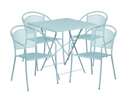 BLNK Oia Commercial Square Steel Indoor-Outdoor Folding Patio Table Set with 4 Round Back Chairs - Sky Blue, 28"W