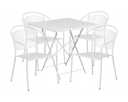 BLNK Oia Commercial Square Steel Indoor-Outdoor Folding Patio Table Set with 4 Round Back Chairs