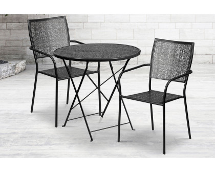 BLNK Oia Commercial Round Steel Indoor-Outdoor Folding Patio Table Set with 2 Square Back Chairs