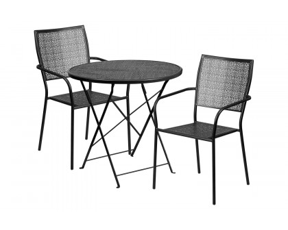 BLNK Oia Commercial Round Steel Indoor-Outdoor Folding Patio Table Set with 2 Square Back Chairs - Black, 30"D