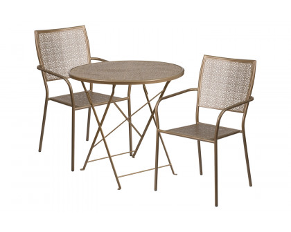 BLNK Oia Commercial Round Steel Indoor-Outdoor Folding Patio Table Set with 2 Square Back Chairs