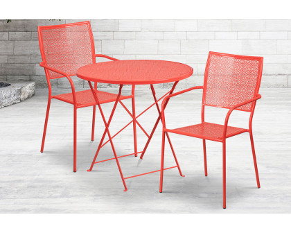 BLNK Oia Commercial Round Steel Indoor-Outdoor Folding Patio Table Set with 2 Square Back Chairs