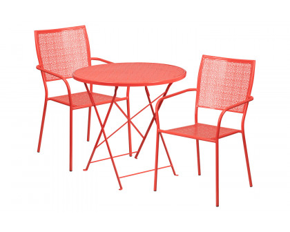 BLNK Oia Commercial Round Steel Indoor-Outdoor Folding Patio Table Set with 2 Square Back Chairs - Coral, 30"D