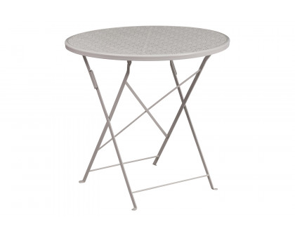 BLNK Oia Commercial Round Steel Indoor-Outdoor Folding Patio Table Set with 2 Square Back Chairs - Light Gray, 30"D