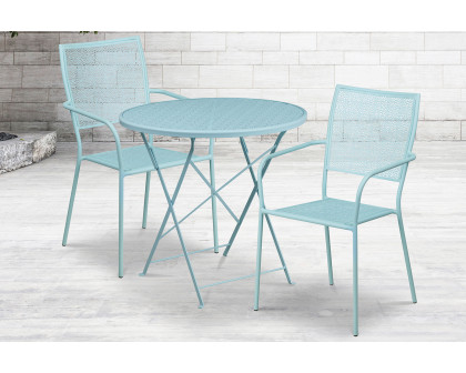 BLNK Oia Commercial Round Steel Indoor-Outdoor Folding Patio Table Set with 2 Square Back Chairs