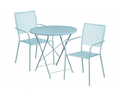 BLNK Oia Commercial Round Steel Indoor-Outdoor Folding Patio Table Set with 2 Square Back Chairs - Sky Blue, 30"D