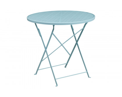 BLNK Oia Commercial Round Steel Indoor-Outdoor Folding Patio Table Set with 2 Square Back Chairs - Sky Blue, 30"D