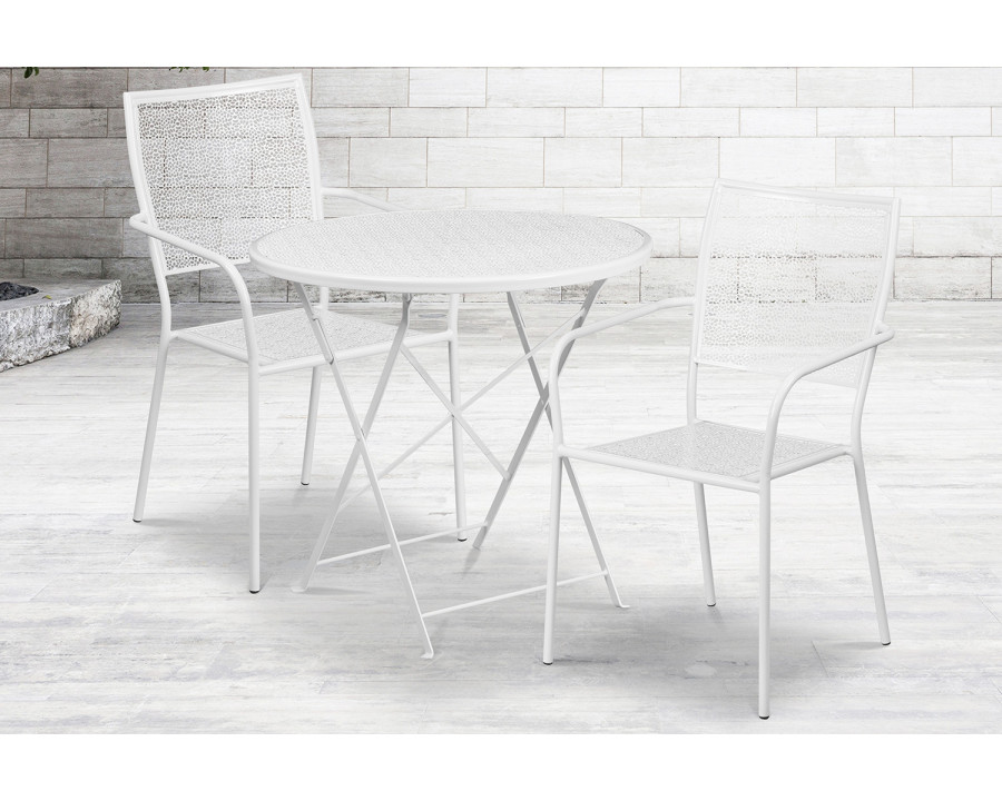 BLNK Oia Commercial Round Steel Indoor-Outdoor Folding Patio Table Set with 2 Square Back Chairs - White, 30"D