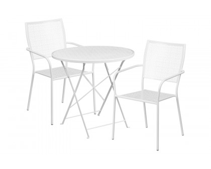 BLNK Oia Commercial Round Steel Indoor-Outdoor Folding Patio Table Set with 2 Square Back Chairs - White, 30"D