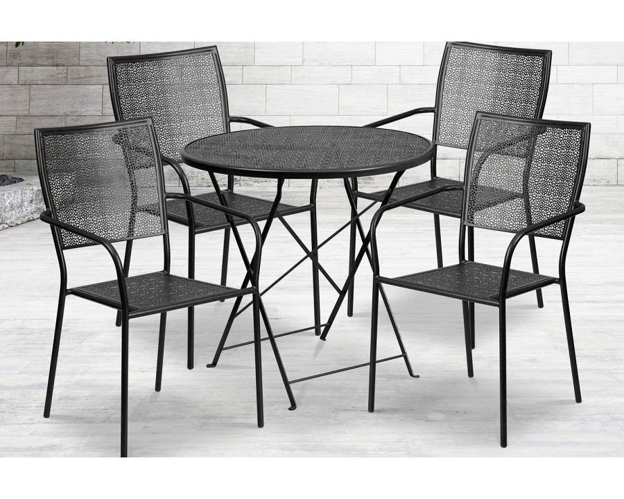 BLNK Oia Commercial Round Steel Indoor-Outdoor Folding Patio Table Set with 4 Square Back Chairs