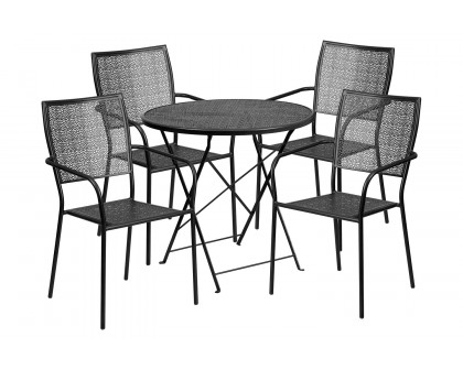 BLNK Oia Commercial Round Steel Indoor-Outdoor Folding Patio Table Set with 4 Square Back Chairs