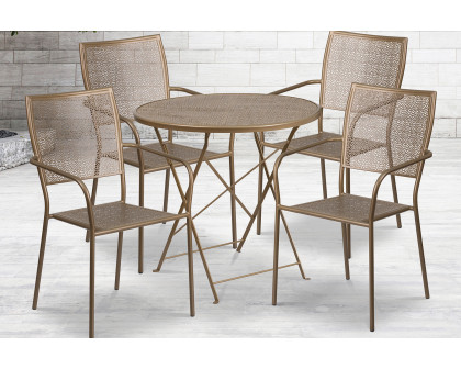 BLNK Oia Commercial Round Steel Indoor-Outdoor Folding Patio Table Set with 4 Square Back Chairs