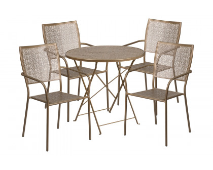 BLNK Oia Commercial Round Steel Indoor-Outdoor Folding Patio Table Set with 4 Square Back Chairs - Gold, 30"D