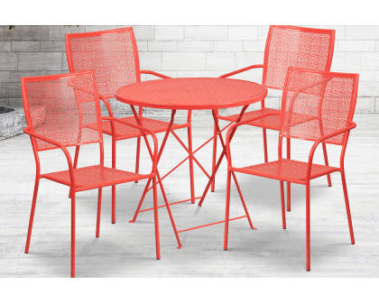 BLNK Oia Commercial Round Steel Indoor-Outdoor Folding Patio Table Set with 4 Square Back Chairs