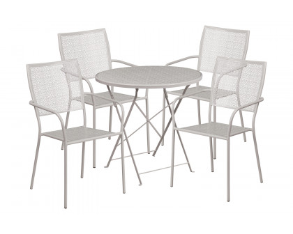 BLNK Oia Commercial Round Steel Indoor-Outdoor Folding Patio Table Set with 4 Square Back Chairs - Light Gray, 30"D